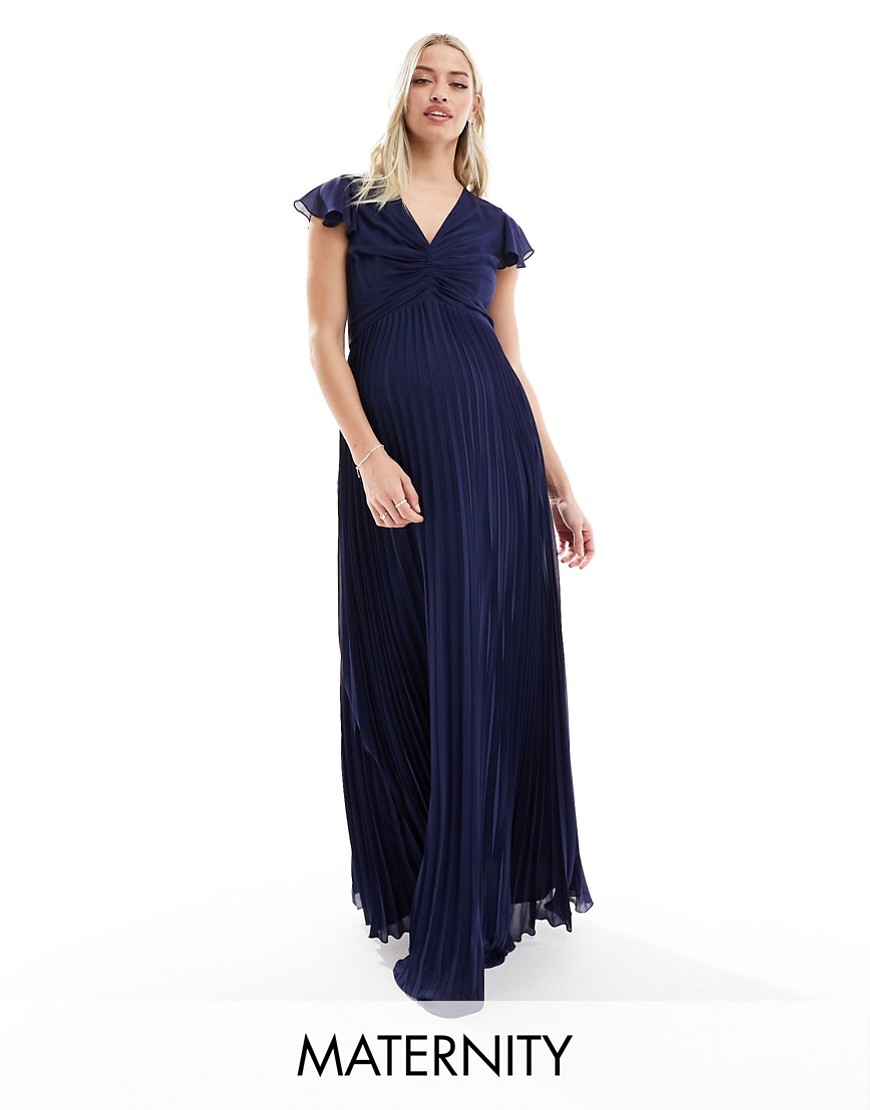 TFNC Maternity Bridesmaid chiffon maxi dress with flutter sleeve and pleated skirt in navy