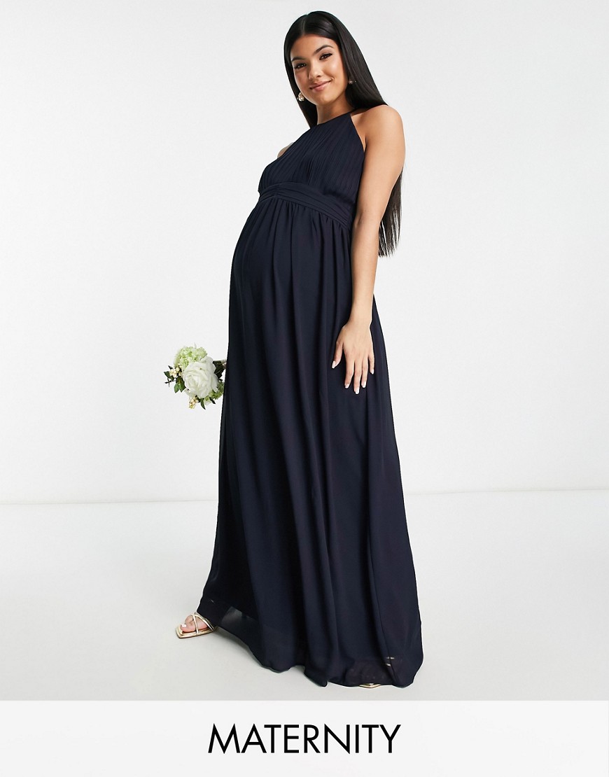 TFNC Maternity Bridesmaid chiffon maxi dress with pleated front in navy