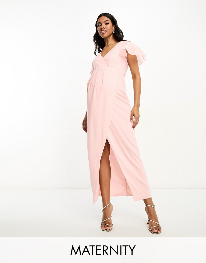 TFNC Maternity Bridesmaid chiffon wrap front maxi dress with flutter sleeve in whisper pink