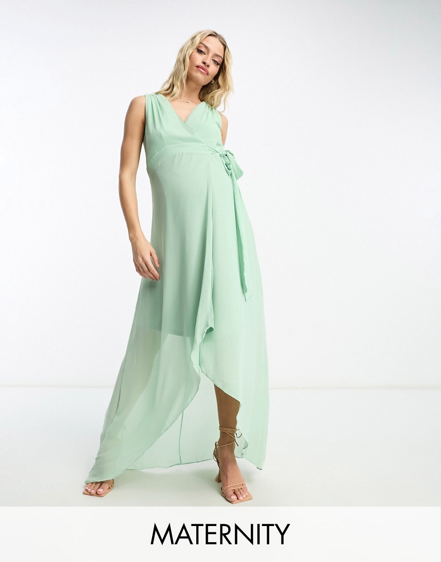 TFNC Maternity Bridesmaid chiffon wrap maxi dress in sage green