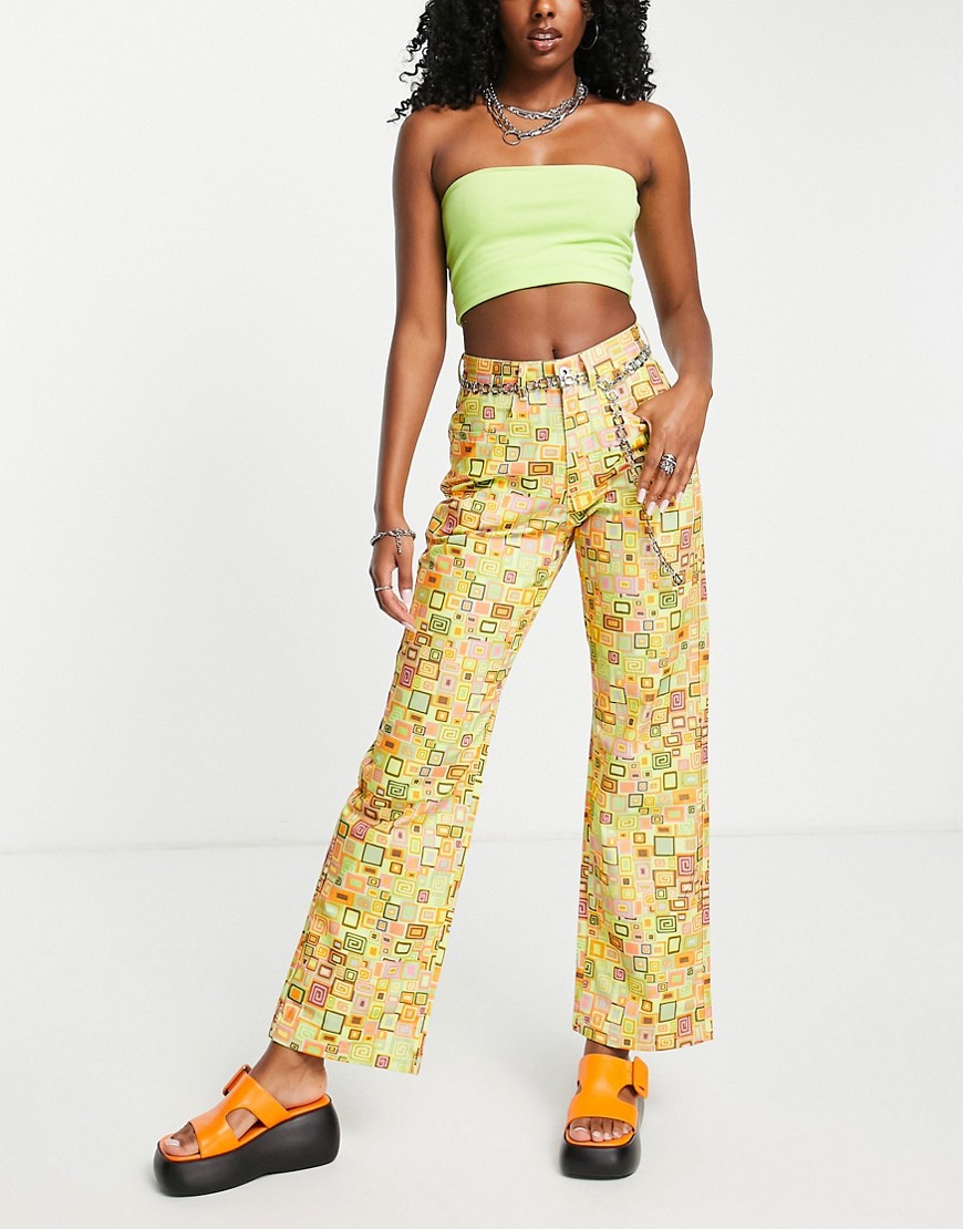 The Ragged Priest high waisted mom pants in retro print with square waist belt