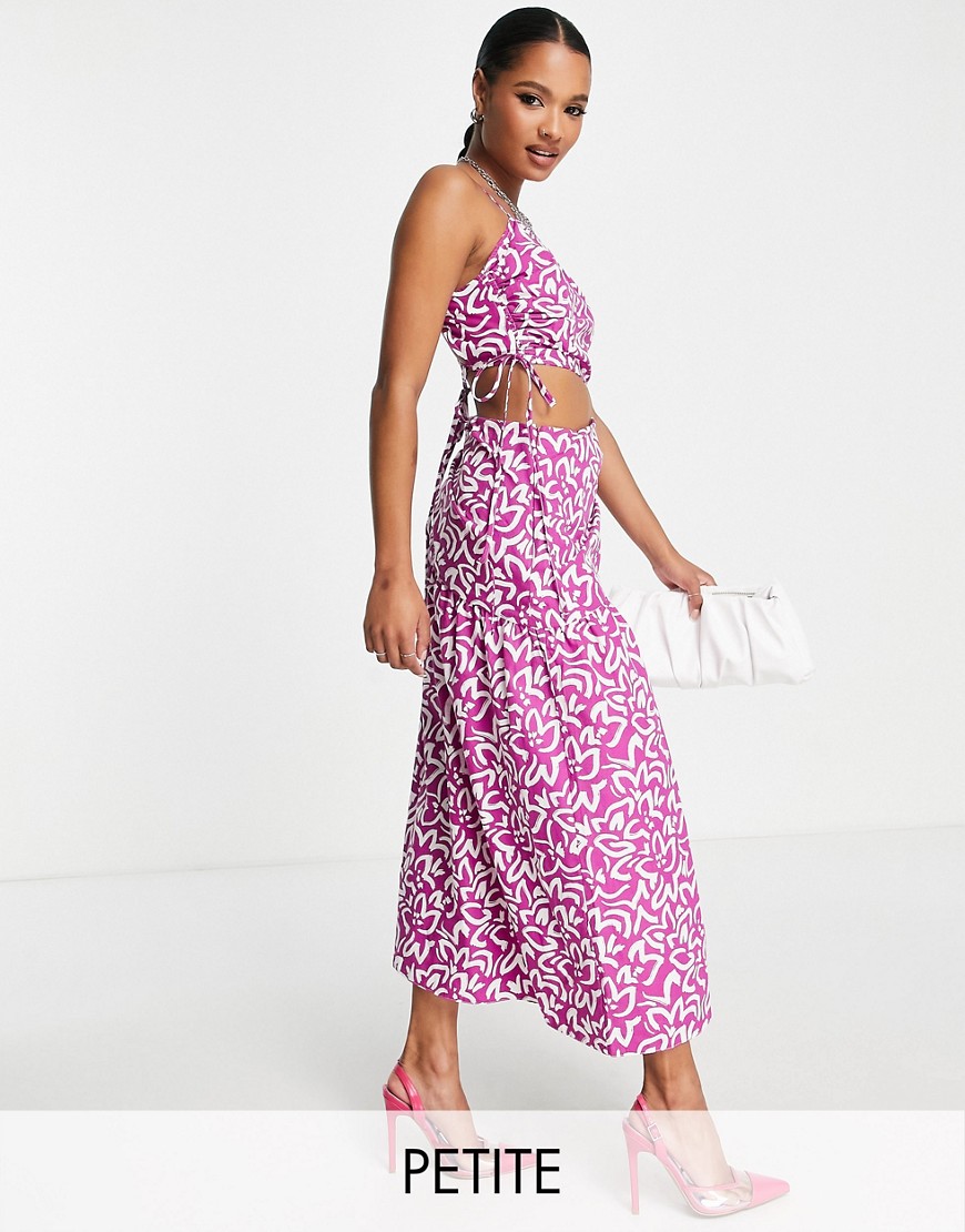 Topshop Petite ruch waist out about poplin midi dress in bold lilac floral