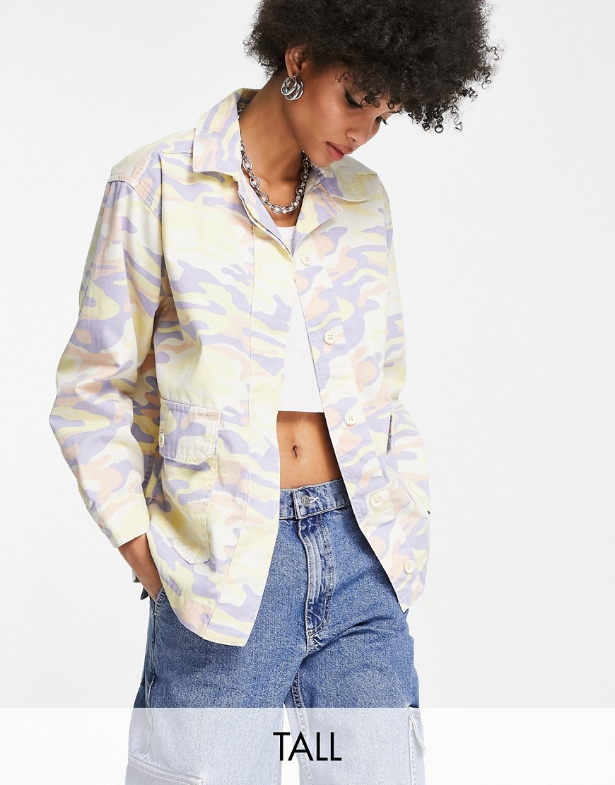 Topshop Tall oversized lightweight shacket in pastel camo print