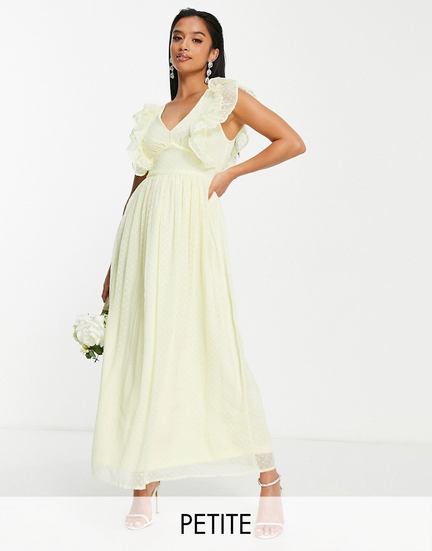 Vila Petite Bridesmaid midi dress with frill detail in textured yellow - YELLOW