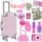 K.T. Fancy 19 pcs Doll Suitcase Travel Luggage Play Sets for 18 Inch Doll Travel Carrier Storage, Including Doll Luggage Sunglasses Camera Lipsticks Perfume Passport Tickets Cashes