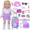 DONTNO 29 Pcs American Doll Clothes and Accessories, Cute Travel Play Set fit 18 Inch Doll with Purple Clothes Suit, Unicorn Suitcase, Handbag, Lipstick, Camera, Sunglasses for Kid