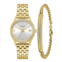 Caravelle by Bulova Womens Crystal Accented Gold Tone Stainless Steel Watch & Crystal Bracelet Box Set
