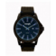 Wrangler Mens Watch 48MM IP Black Case with Black Dial Blue Index Markers Sand Satin Dial Analog Date Function Blue Second Hand Black Strap with Blue Accent Stitch