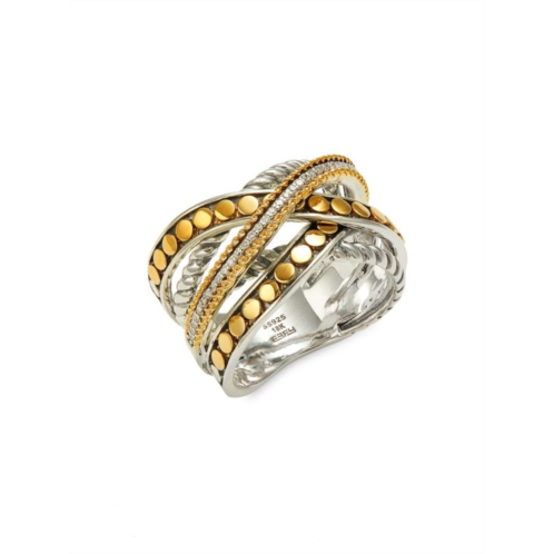 Effy Two Tone 18K Yellow Gold, Sterling Silver & Diamond Criss Cross Ring