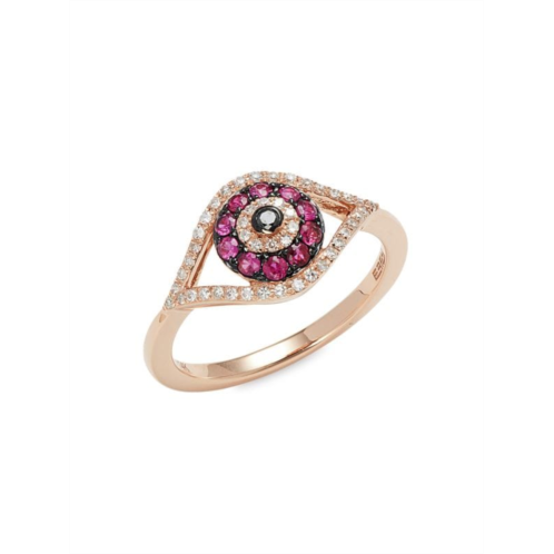 Effy 14K Rose Gold, Ruby, White Diamond & Black Diamond Evil Eye Ring/Size 7