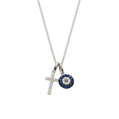 Effy 14K White Gold, Diamond & Sapphire Evil Eye & Cross Necklace