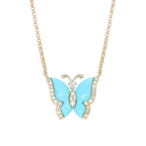 Effy 14K Yellow Gold, Turquoise & Diamond Butterfly Pendant Necklace