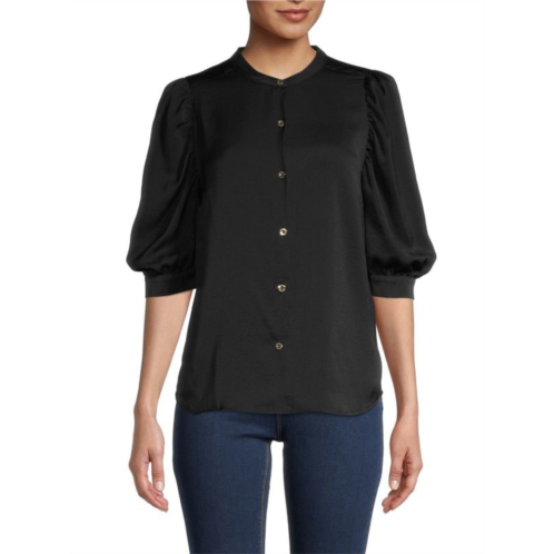 H Halston Mandarin Collar Puff-Sleeve Blouse