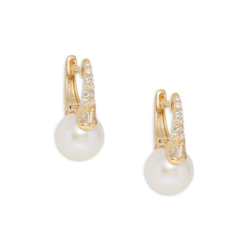 Effy 14K Yellow Gold, 9MM Round Freshwater Pearl & Diamond Huggie Earrings