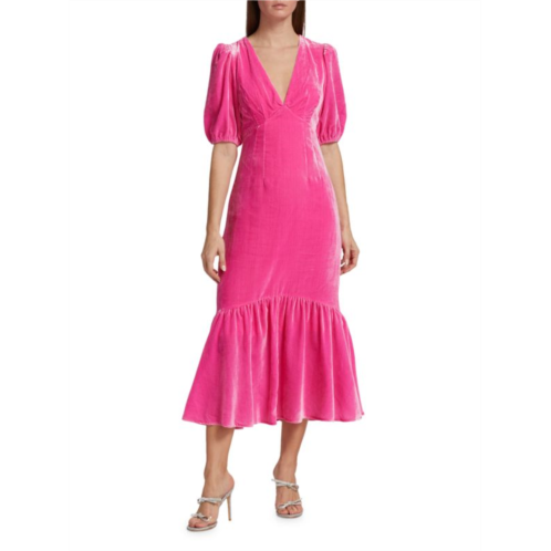 Rhode Ester Puff Sleeve Velvet Midi Dress