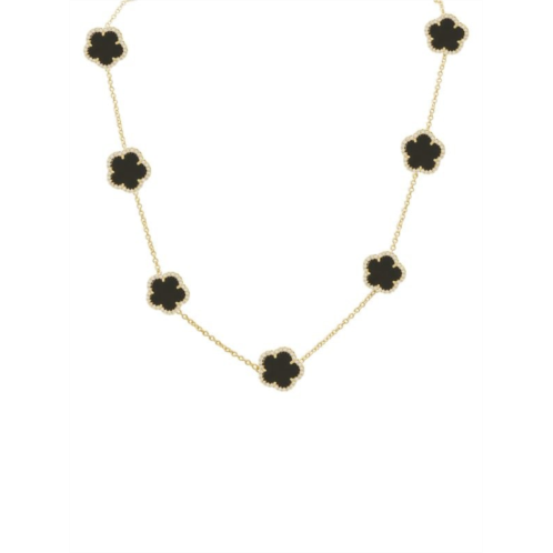 JanKuo Flower 14K Yellow Goldplated, Onyx & Cubic Zirconia Station Necklace