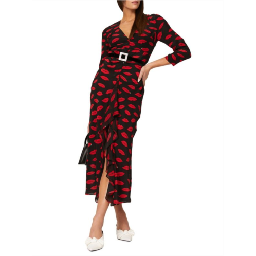 Rixo Rose Lip Print Midi Dress