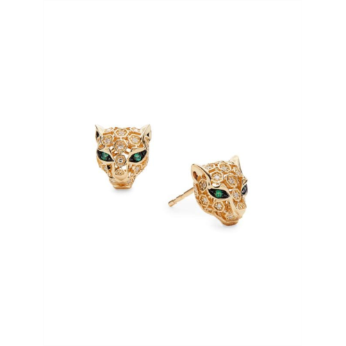 Effy 14K Yellow Gold, Diamond & Emerald Leopard Stud Earrings