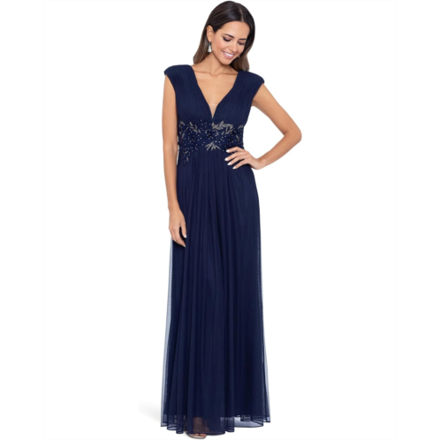 Womens Betsy & Adam Long Chiffon Deep V Dress with Applique