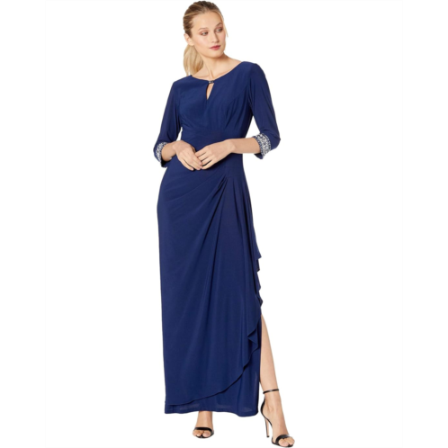 Alex Evenings Long A-Line Dress with Embellished Keyhole Cutout Neckline & Embellished Sleeves