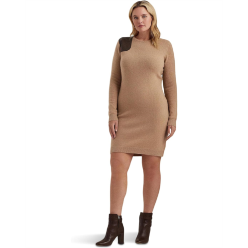 POLO RALPH LAUREN Womens Lauren Ralph Lauren Plus Size Faux Leather Trim Wool Cashmere Dress