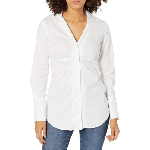 Womens Calvin Klein V-Neck Ruched Front Poplin Button Down