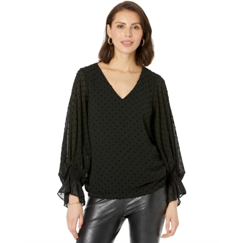 Vince Camuto Long Sleeve Smock Cuff Clip Dot V-Neck Blouse