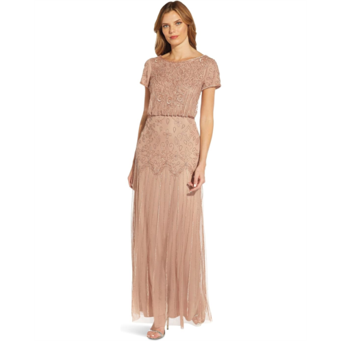 Adrianna Papell Boat Neck Short Sleeve Blouson Beaded Gown