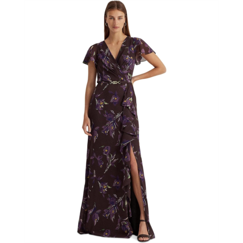 POLO RALPH LAUREN Womens Lauren Ralph Lauren Floral Belted Georgette Flutter-Sleeve Gown