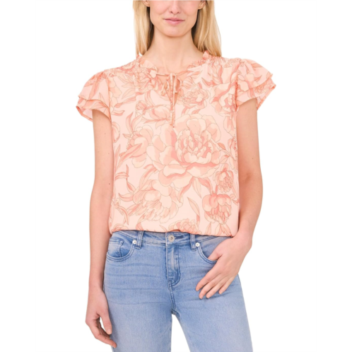 CeCe Printed Tie Neck Smocked Shoulder Blouse