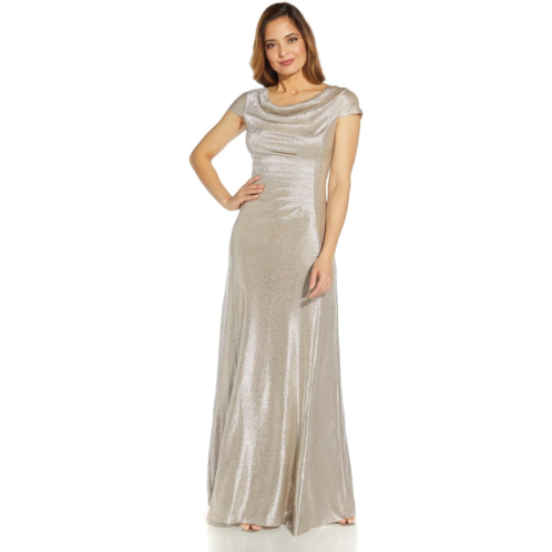 Womens Adrianna Papell Metallic Knit Drape Neck Gown