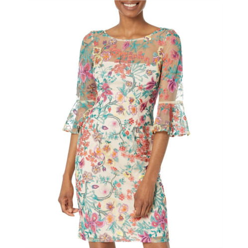 Adrianna Papell Floral Embroidered Sheath Dress with Bell Sleeves