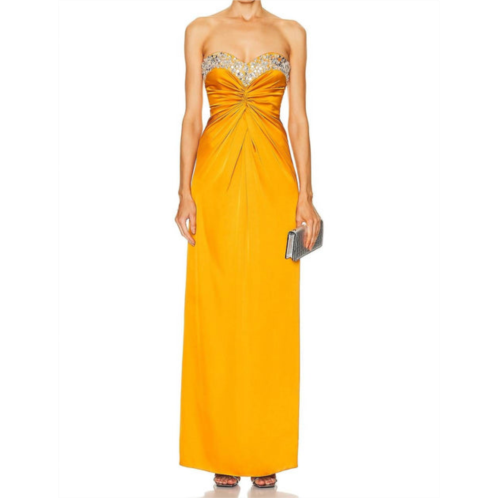 PatBo hand beaded strapless gown in mustard