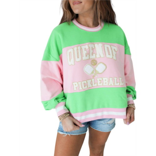 QUEEN OF SPARKLES womens pickleball sweatshirt in green/pink