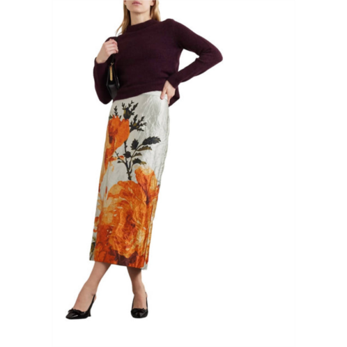 ERDEM floral satin pencil midi skirt in pearl