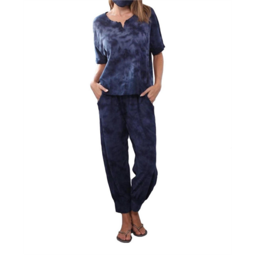 PJ Harlow jojo cherry cotton jogger paired with short sleeve t shirt set in tie dye navy