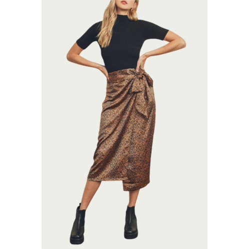 DRESS FORUM leopard-print satin wrap midi skirt in charcoal/camel