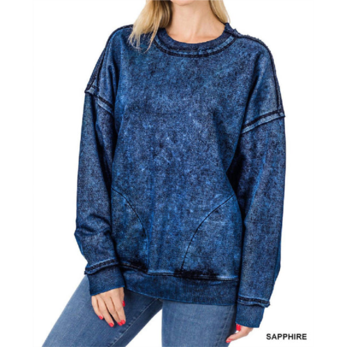 ZENANA french terry mineral wash sweatshirt in sapphire