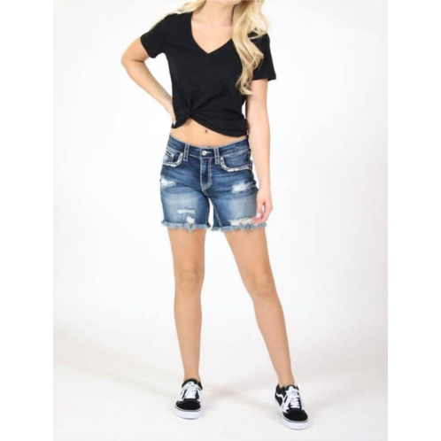 GRACE IN LA faux flap pocket distressed denim shorts in dark wash