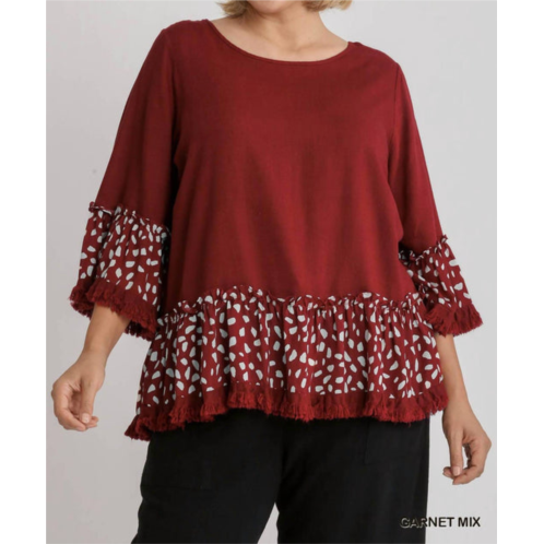 Umgee linen blend animal print bell sleeve top in garnet