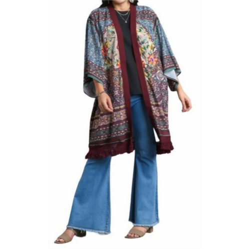 Umgee open front print kimono in maroon mix plus