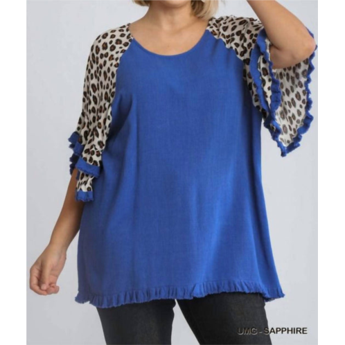 Umgee linen blend animal print layered bell sleeve plus in sapphire