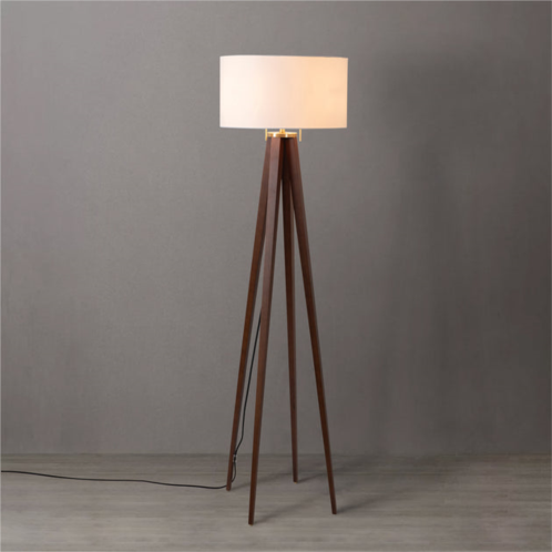 Nova of California quattro floor lamp - dark walnut wood finish & weathered brass, white linen shade, dimmer