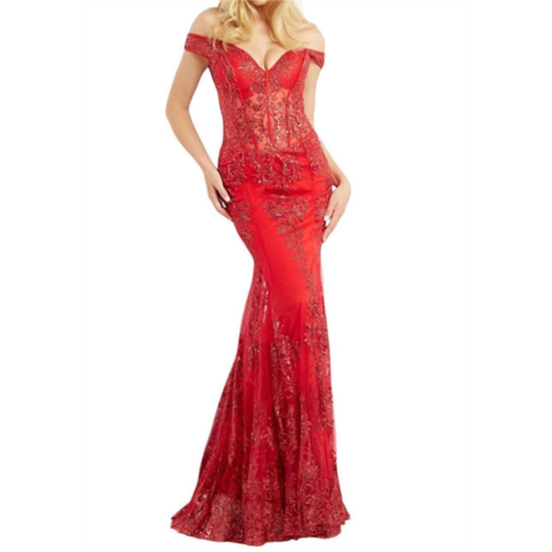 JOVANI beaded off shoulder embellished mermaid gown in red