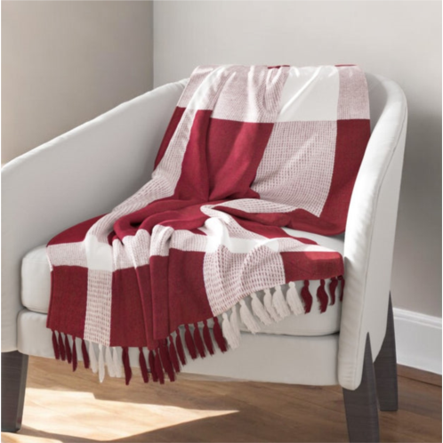 Homezia 50 x 60 red woven cotton checkered throw blanket with fringe