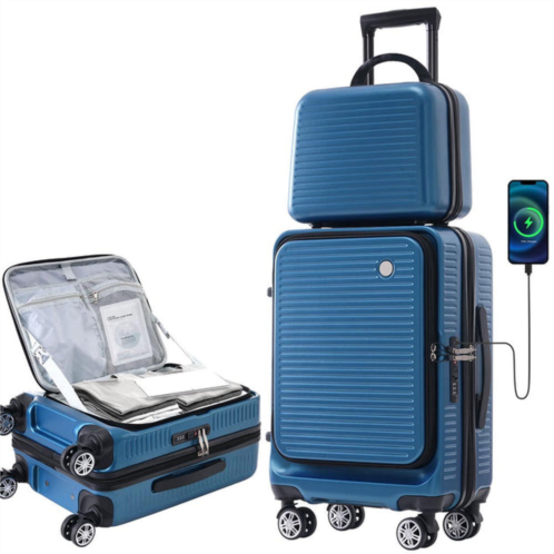 Hivvago 20-inch carry-on luggage with front pocket usb port and carrying case - peacock blue