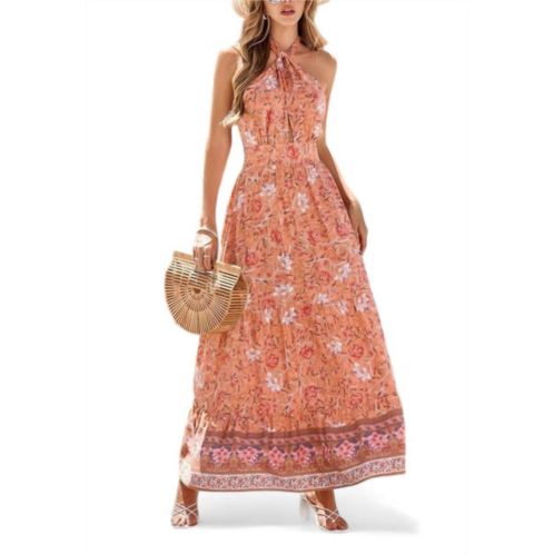 EPretty floral print halter tie maxi dress in orange floral