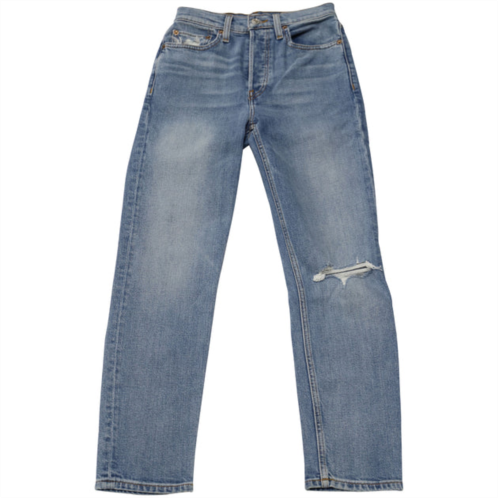 Re/Done redone cropped distressed straight jeans in blue denim