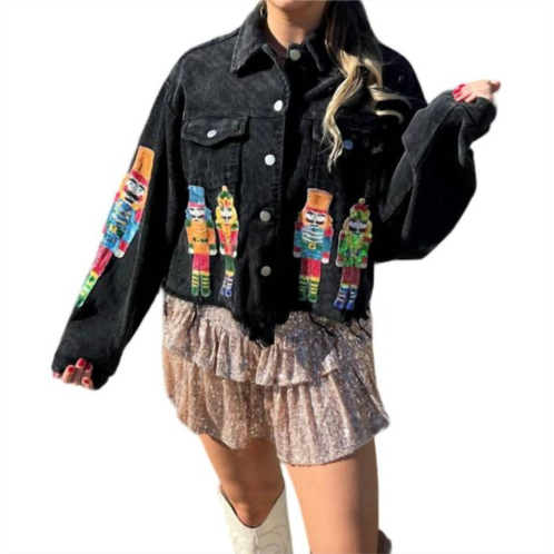 BiBi nutcracker sequin christmas corduroy jacket in black charcoal