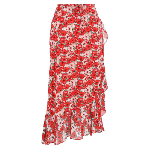 Rixo gracie floral print midi skirt in red silk